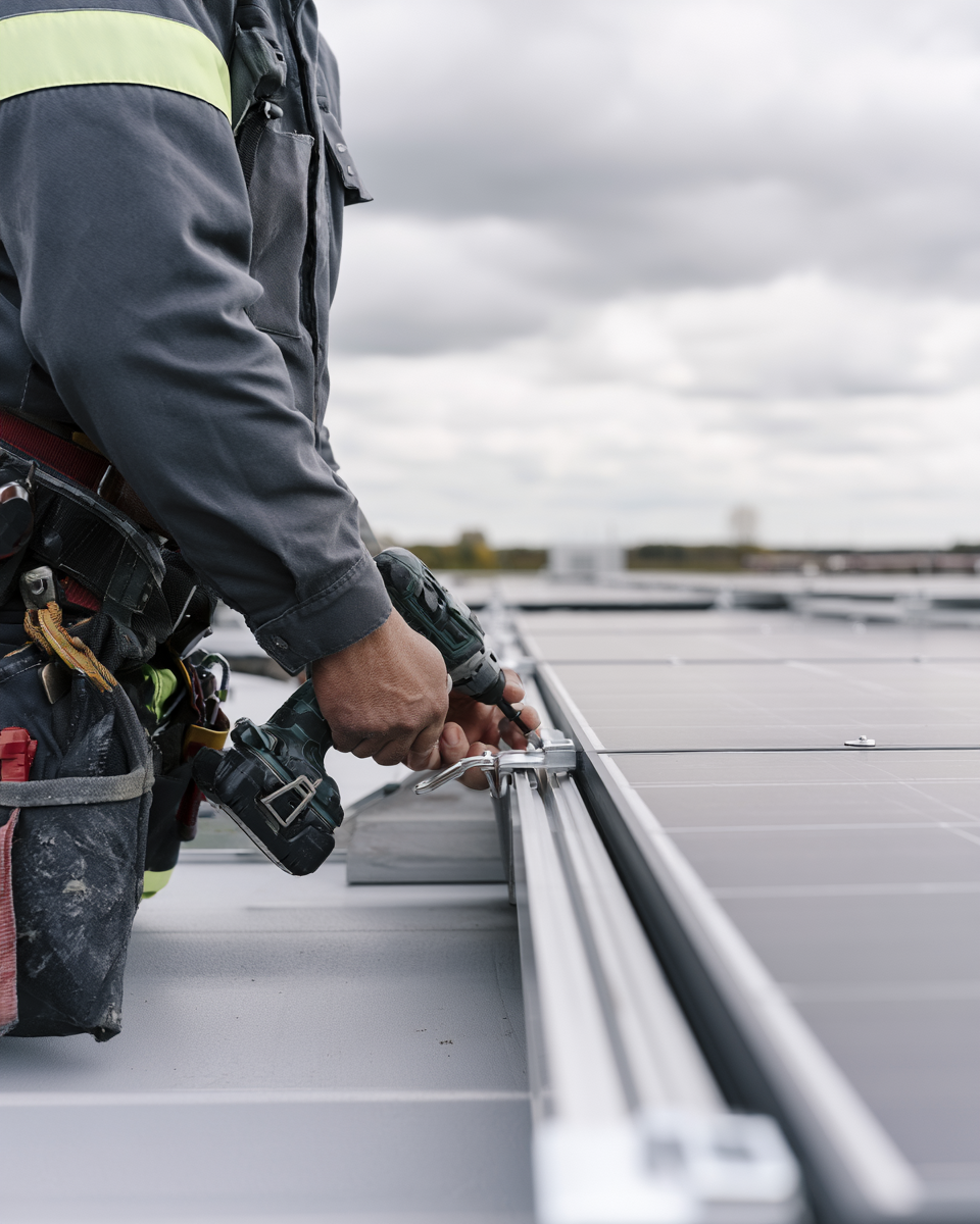 Installateur op dak bezig met montage van zonnepaneel — handen aan het werk, hoofd boven beeld